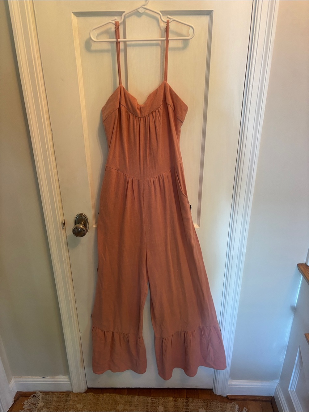 Very J Sleeveless Spaghetti-Strap Wide-Leg Jumpsuit in Terracotta